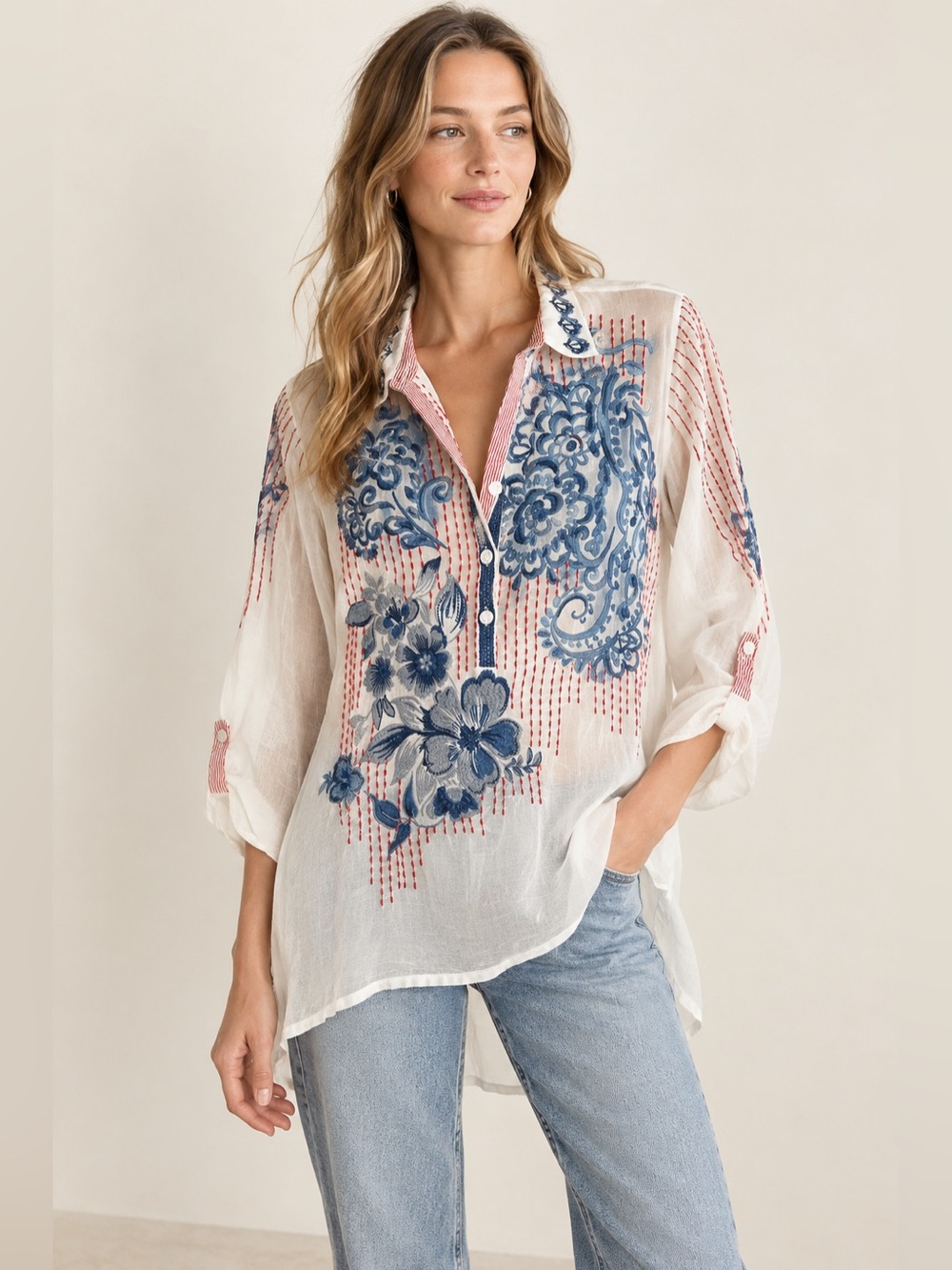 Johnny Was Embroidered Tunic Top M Red Blue Floral Cupra Rayon Boho Sheer
